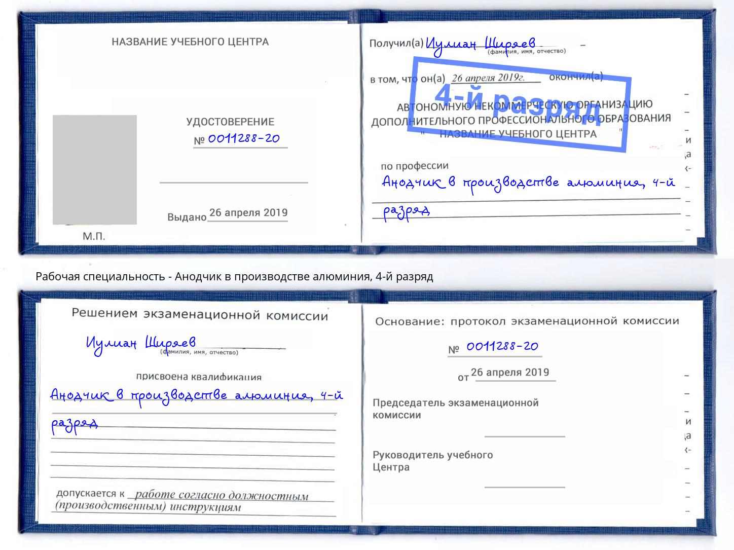 корочка 4-й разряд Анодчик в производстве алюминия Лангепас